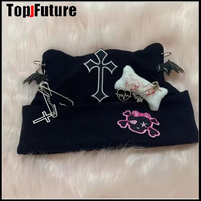 Harajuku gothique Lolita chat oreille chapeau femmes Punk croix chaîne sous-culture épice fille bonnet