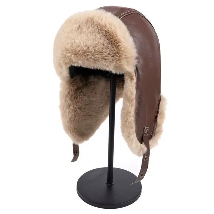 Chapeau de pilote d'hiver en cuir Pu
