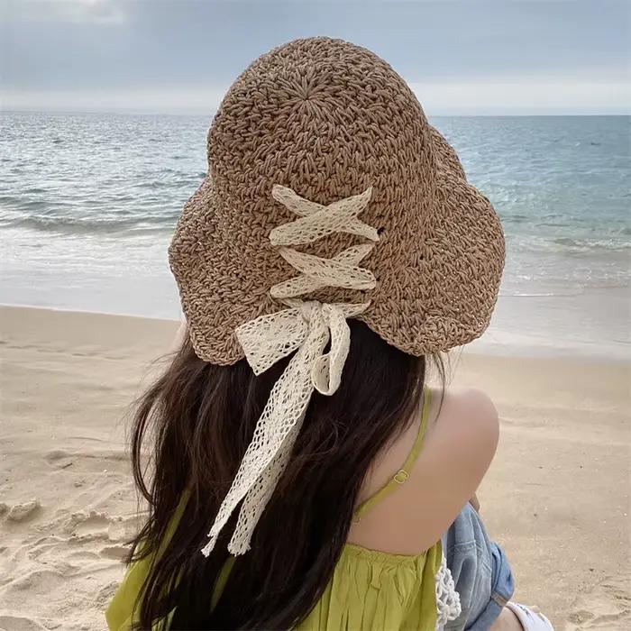 Chapeaux de paille évidés avec nœud en dentelle pour femmes