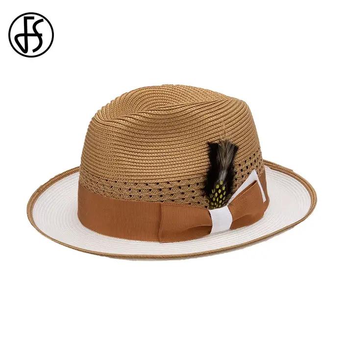 FS kaki Cowboy chapeaux de paille pour hommes avec plume bord roulé Sombrero Jazz Panama chapeau 2025 Gentleman Gangster casquette noire
