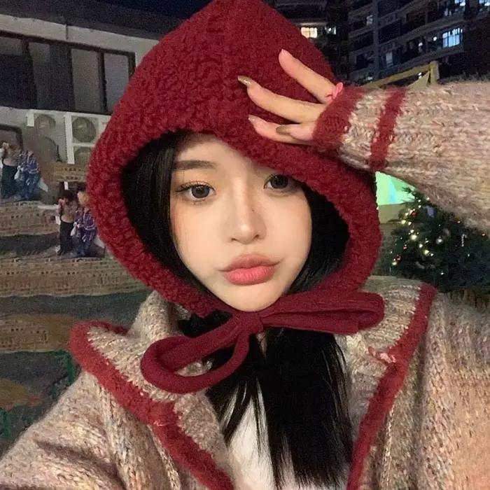 Mode moelleux nouvel an rouge chapeau bonnet couleur unie hiver en peluche