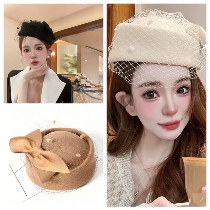 Chapeau à nœud en laine de style britannique vintage avec voile