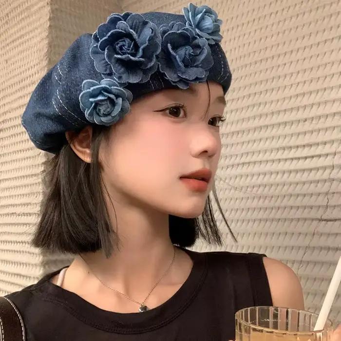 Béret en Denim à fleurs bleues pour femmes