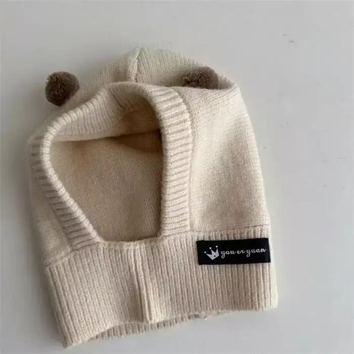 Bébé écharpe chapeau une pièce tricoté casquette chaud mignon Double boule de cheveux enfants oreille Protection casquettes coréen garçons filles enfant coupe-vent chapeaux