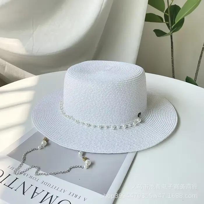 Chapeau de bateau en paille avec chaîne de perles pour femmes