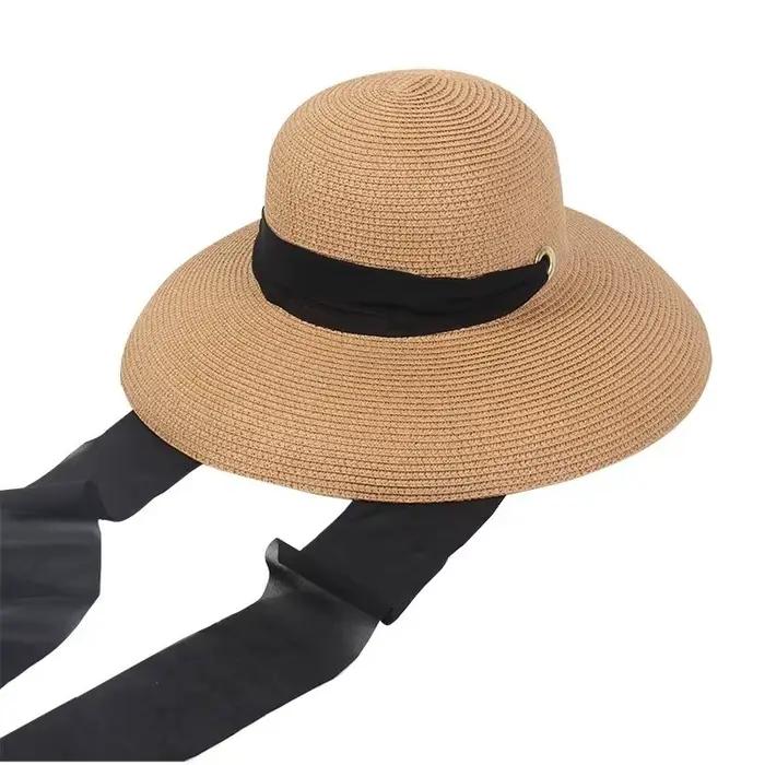 Chapeaux de paille élégants à long ruban pour femme