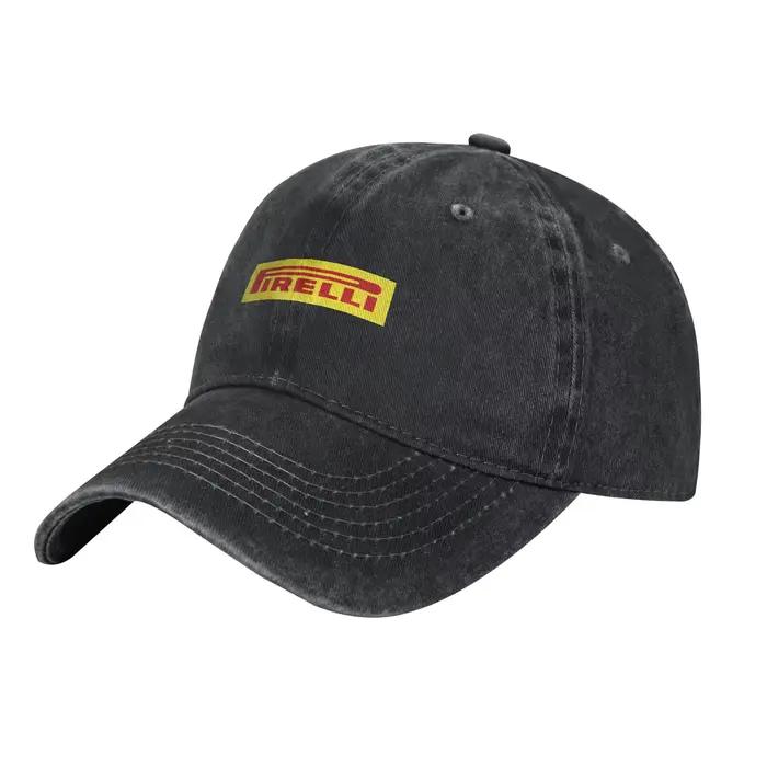 Casquette de baseball en jean jaune et rouge avec pneus Pirelli – Style Dad Hat