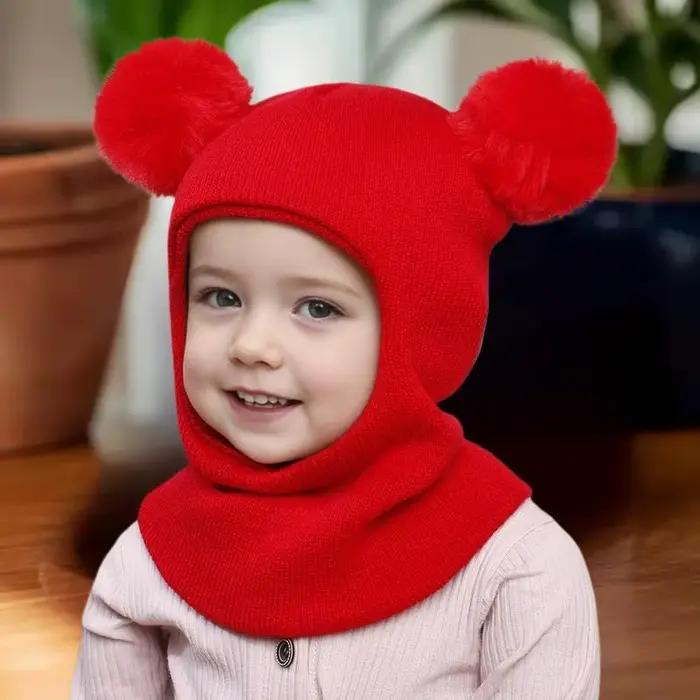 1 pièces Juniors Double Pom Poms combiné chapeau écharpe mignon cagoule chapeaux garçons filles saison froide laine casquette de balle