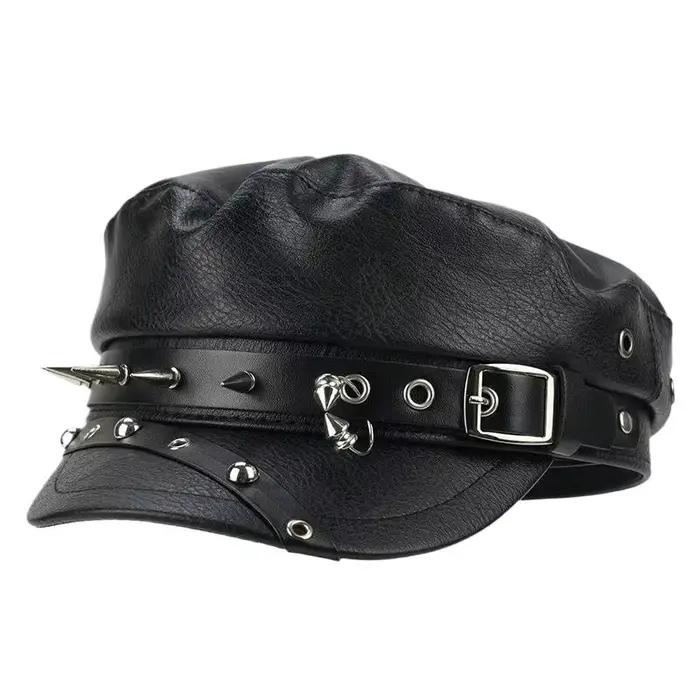 Harajuku Vintage Rivet béret Y2K fille gothique Lolita cuir noir visage foncé révélant plat haut gavroche casquettes