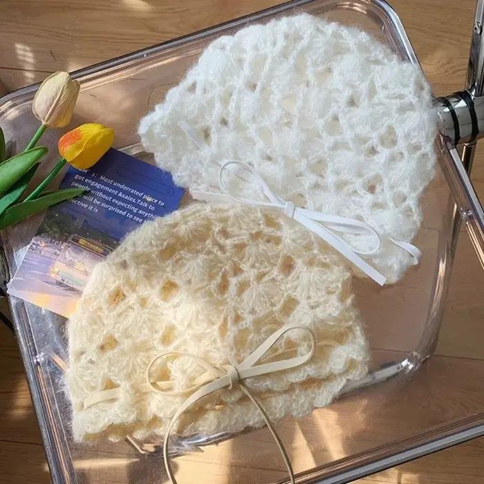 Chapeau tricoté creux au Crochet avec nœud rétro