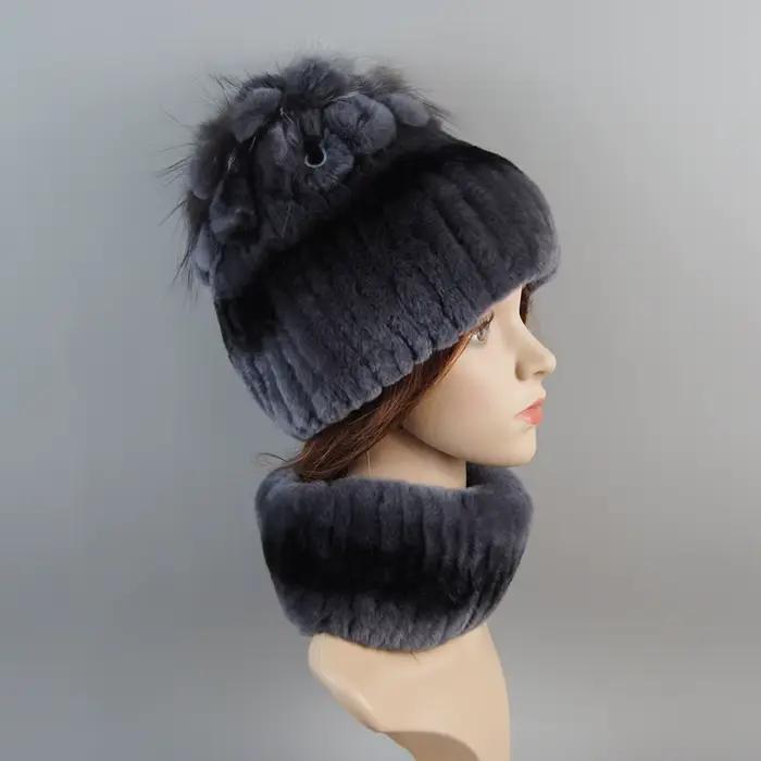 Ensemble Chapeau et Écharpe en Vraie Fourrure de Lapin Rex pour Femme