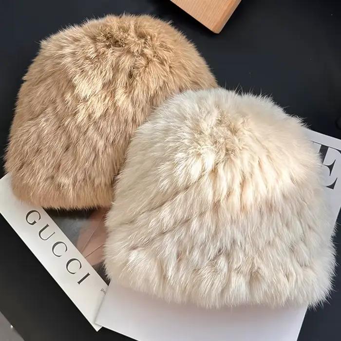 Chapeau de fourrure de lapin pour femmes hiver épaissi chaleur casquettes résistantes au froid tricoté Protection des