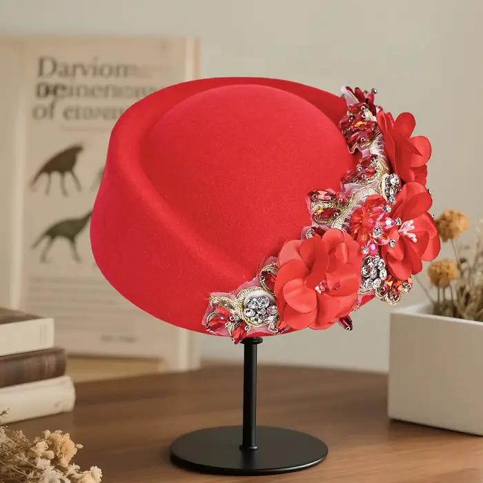 Élégant Vintage doux pilulier chapeau fleurs strass décor thé fête Fedoras
