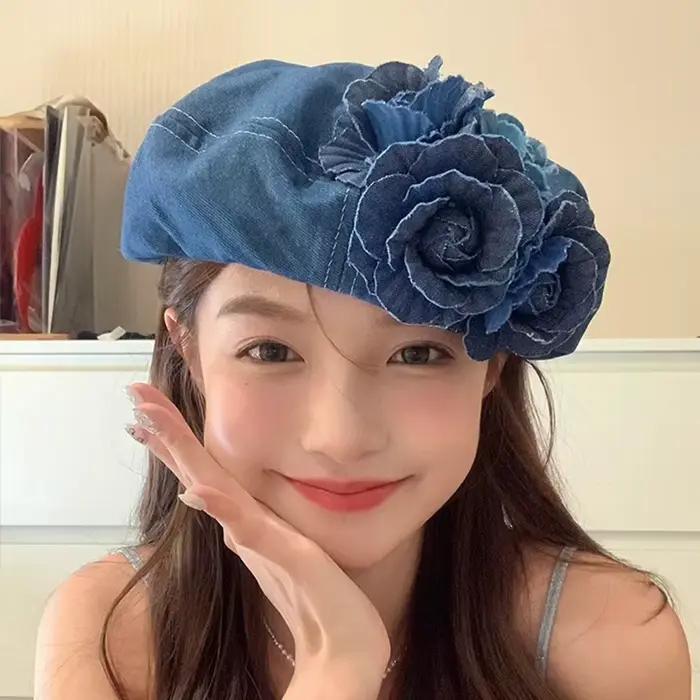 Béret en Denim à fleurs bleues pour femmes