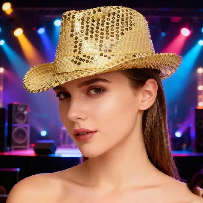 PESENAR – chapeau Fedora à paillettes dorées pour Costume Disco des années 70