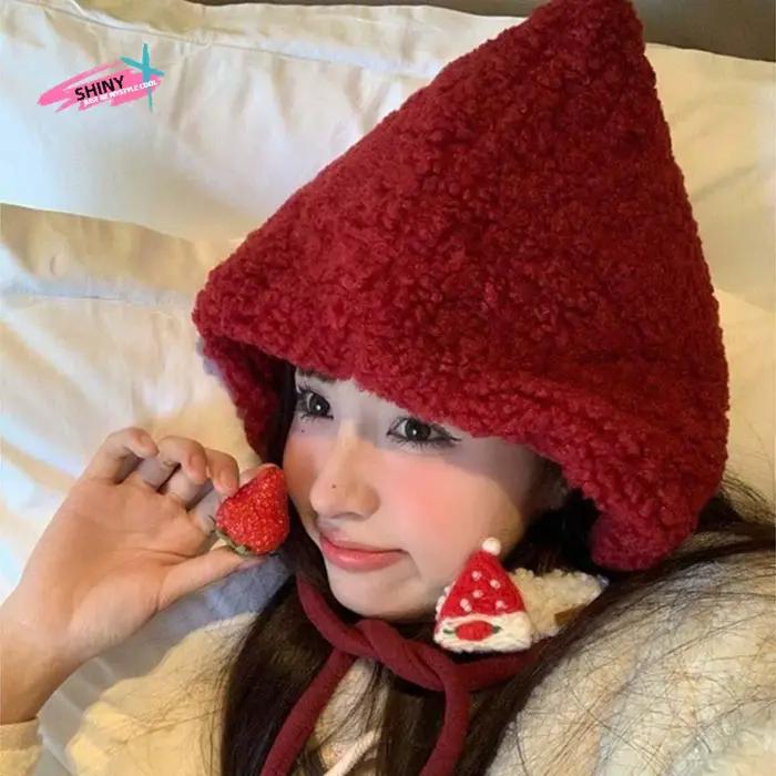 Mode moelleux nouvel an rouge chapeau bonnet couleur unie hiver en peluche