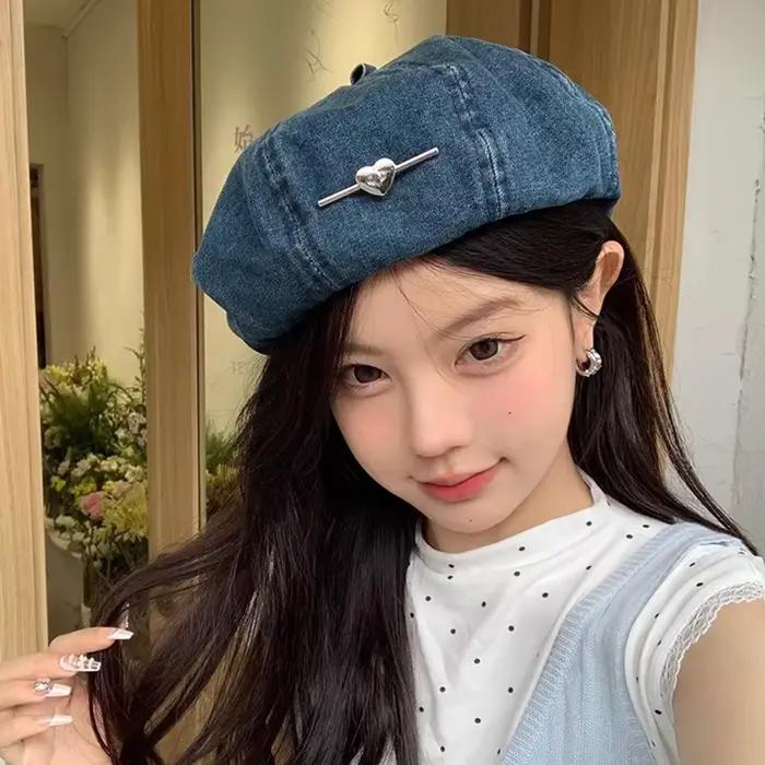 Chapeau de béret octogonal en denim pour femmes style vintage floral printemps automne occasions décontractées
