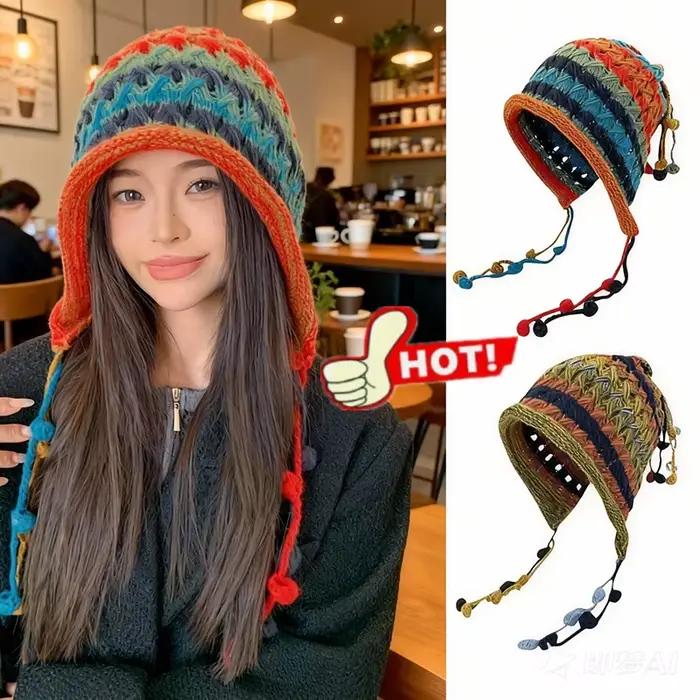 Chapeau tricoté arc-en-ciel multifonction pour femmes élégant et accrocheur hiver extérieur occasiomnel