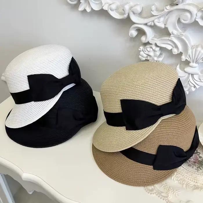 Élégant chapeau de paille femmes été plage dames décontracté long ducK nœud