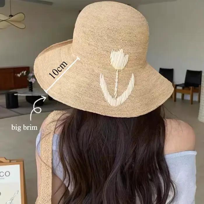 Chapeau de soleil en raphia naturel tissé à la main pour femmes