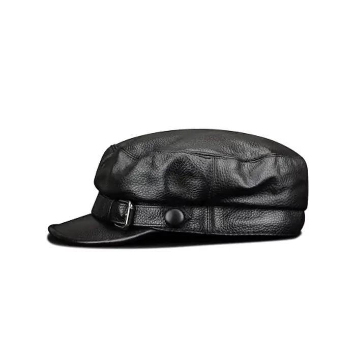 Mode femmes hommes véritable peau de vache militaire chapeau marin chapeaux noir dames béret casquettes plat haut