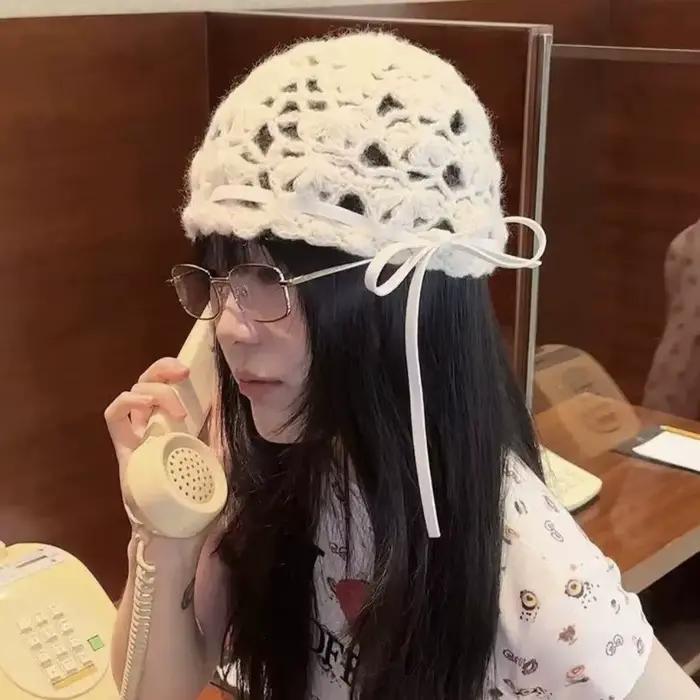 Chapeau tricoté ajouré au crochet avec nœud rétro pour femmes style bohème ethnique occassions spéciales