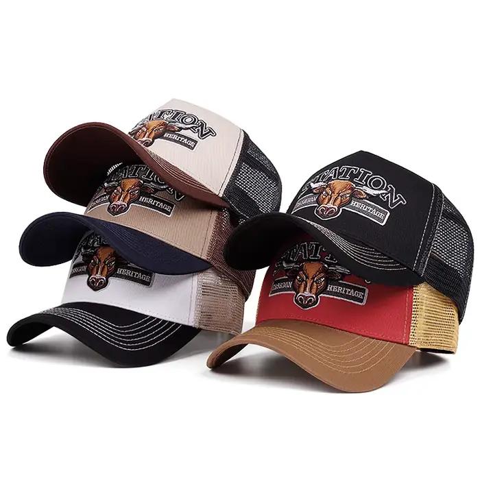 2025 New American Vintage Bull Head Trucker Hat Sun Protection Mesh Breathable Trendy Snapback Cap Hot Selling
