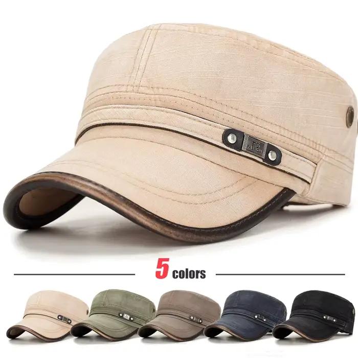 Casquette plate réglable en coton délavé blanc vieilli avec reliure en cuir