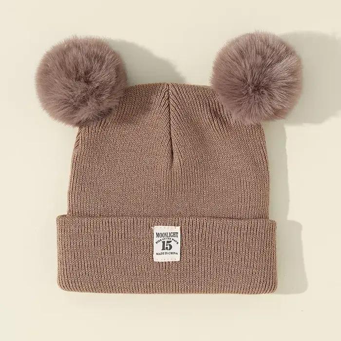 Chapeau tricoté mignon pour bébés unisexe automne hiver couleur unie bérets pompons accessoire enfant occasionnels