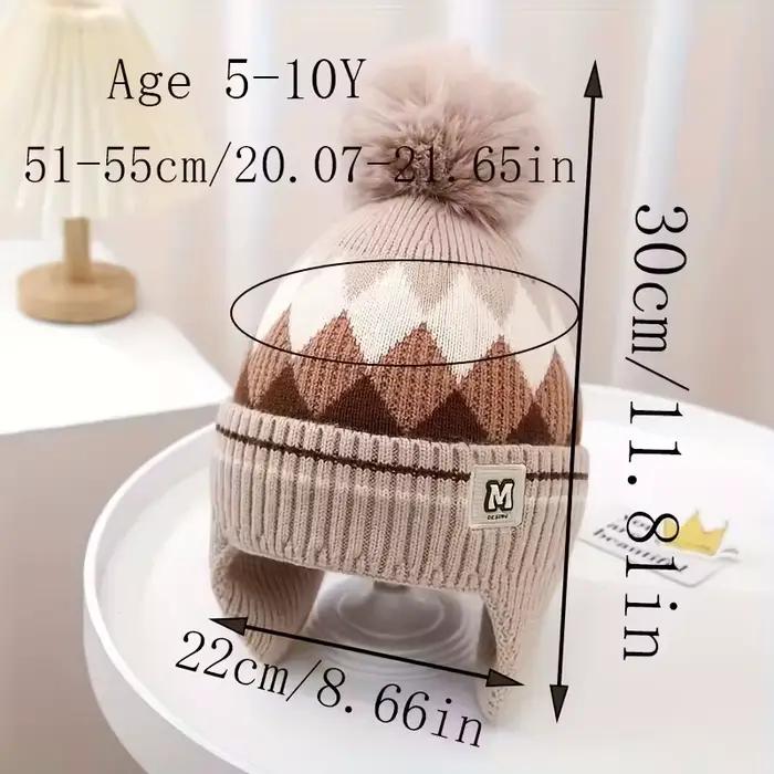 Bonnet Pom tricoté en polyester pour enfants 1-3 ans résistant au froid et coupe-vent avec détails en peluche mignons pour les sorties et activités en plein air