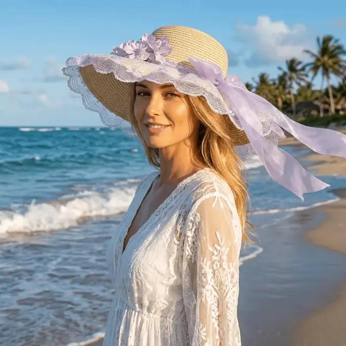 Chapeau de paille pour femme à motif floral