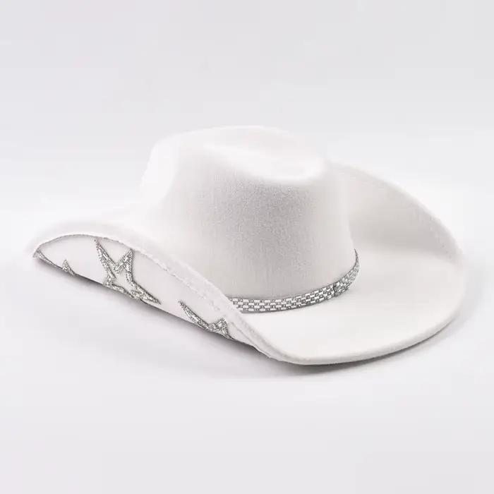 Chapeau de cowgirl occidental à large bord avec strass et étoile pour femmes, mariage, soirée dansante, enterrement de vie de jeune fille