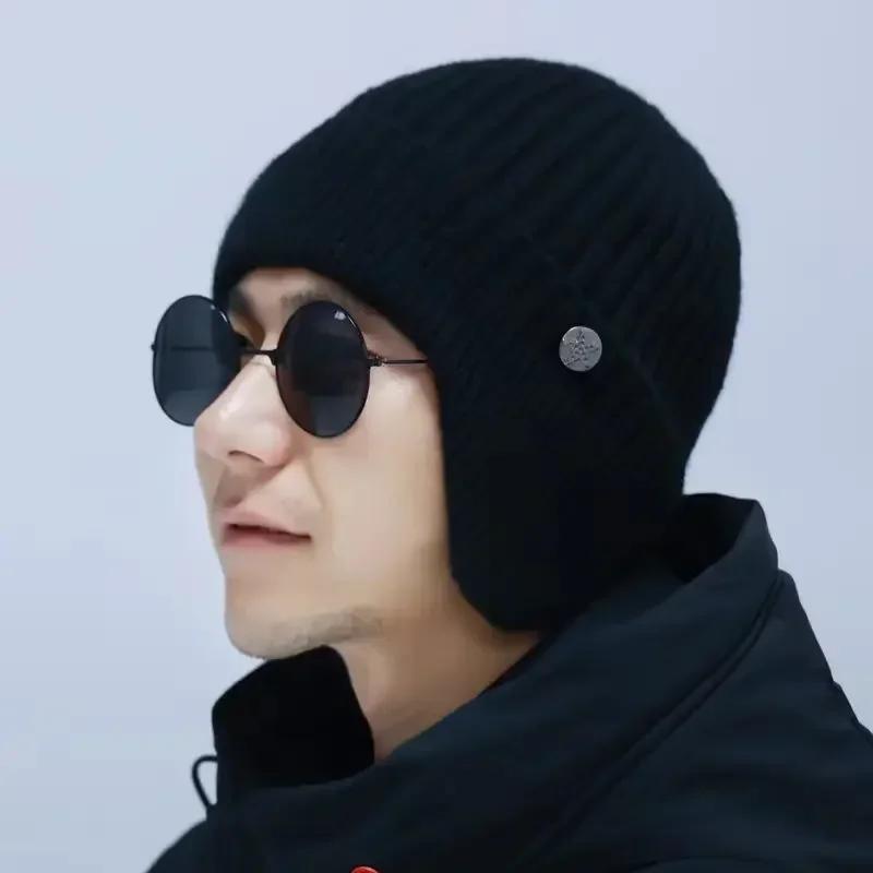 Nouvelle mode hommes laine chaud tricoté chapeau oreille Protection chapeau Skullies bonnets Double 