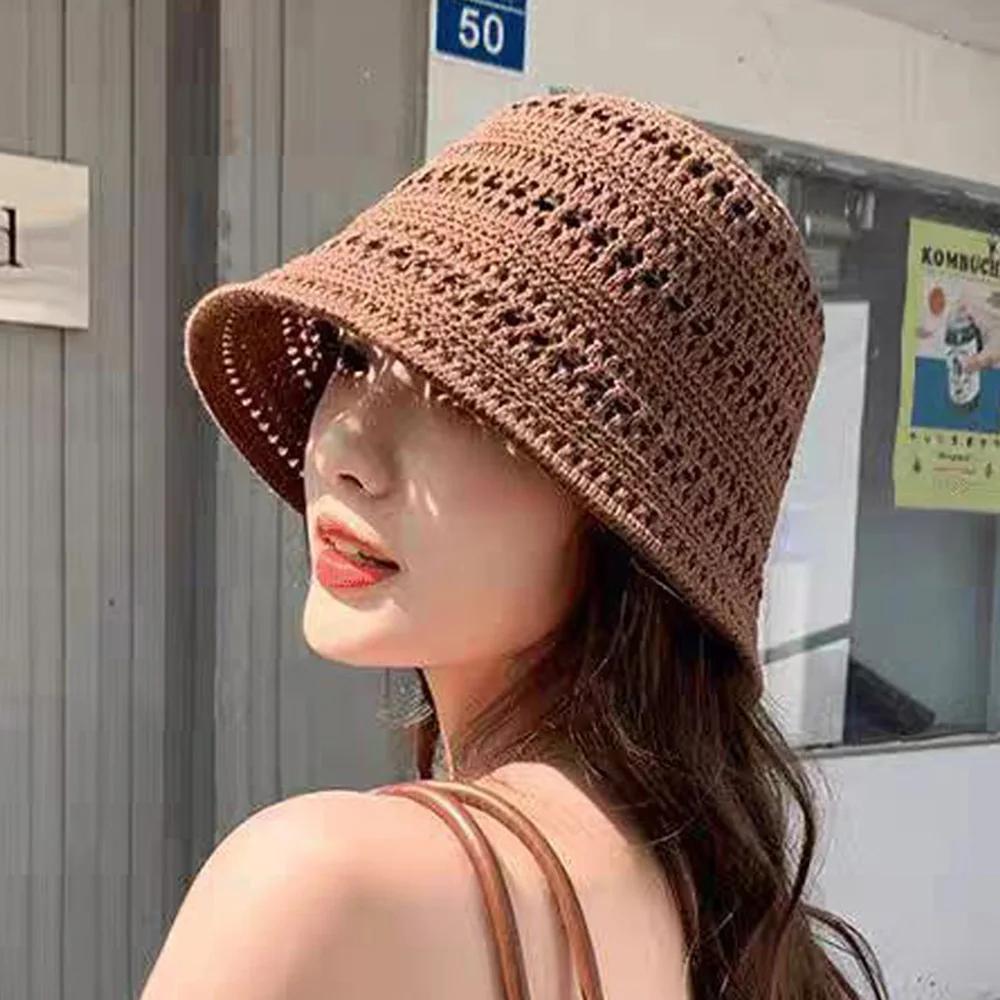 Chapeau de pêcheur en tricot ajouré, chapeau de plage en paille, chapeau de soleil décontracté pour 