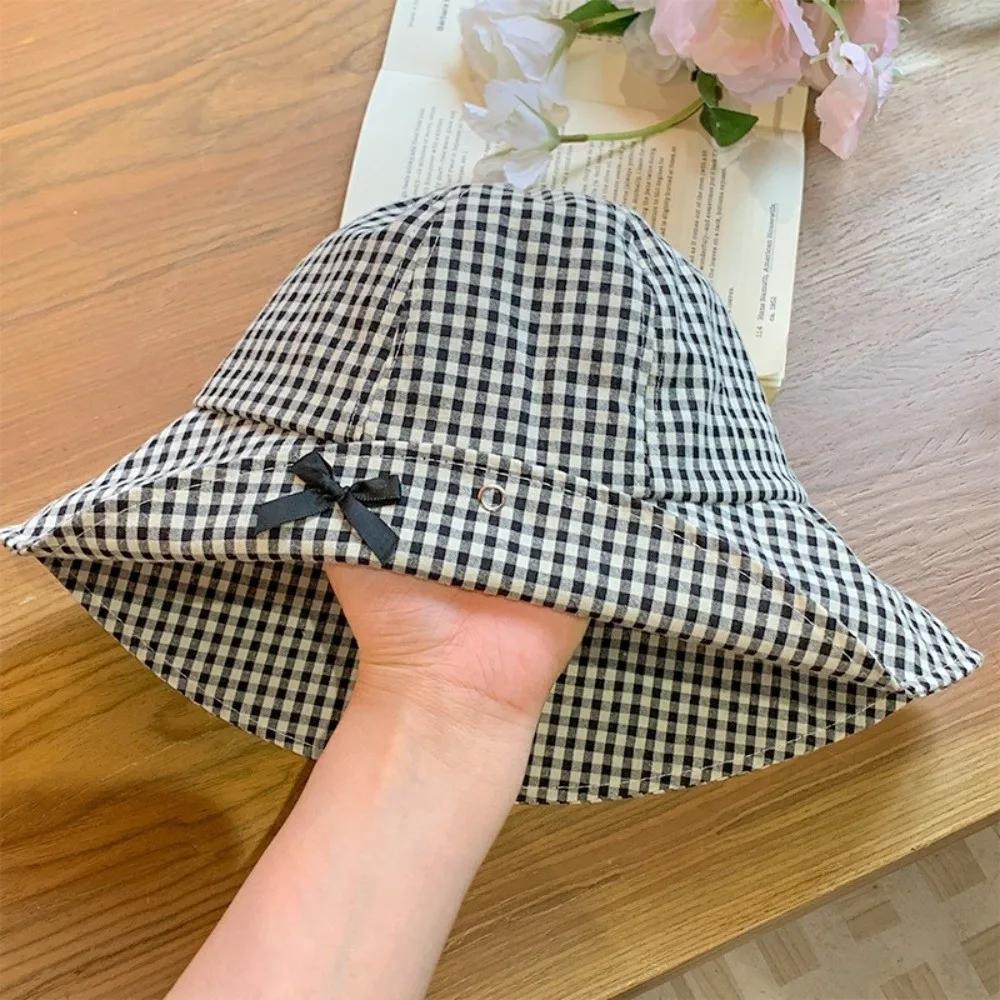 Chapeau Bob Noir Tendance à Nœud Papillon et Carreaux Vichy, Polyvalent, à Large Bord, Chapeau de So
