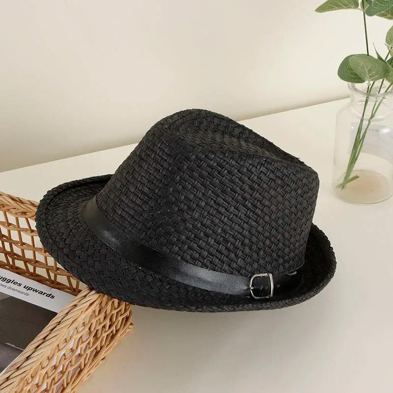 Chapeau Panama en paille pour hommes, chapeaux Fedora, ceinture en cuir, casquettes Trilby Vintage, 
