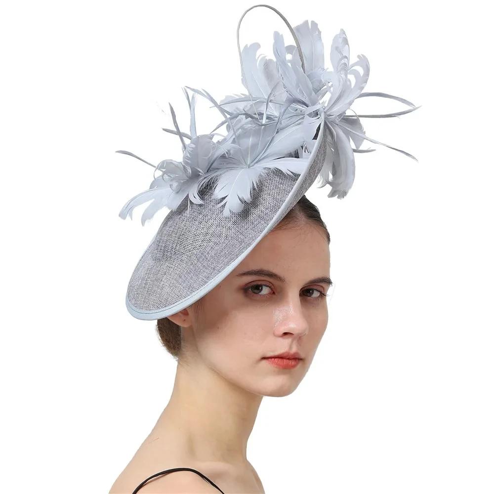 Mode Imitation Sinamay grand Derby Chapeau Chapeau femmes mariée fascinateur bandeau avec plumes pou
