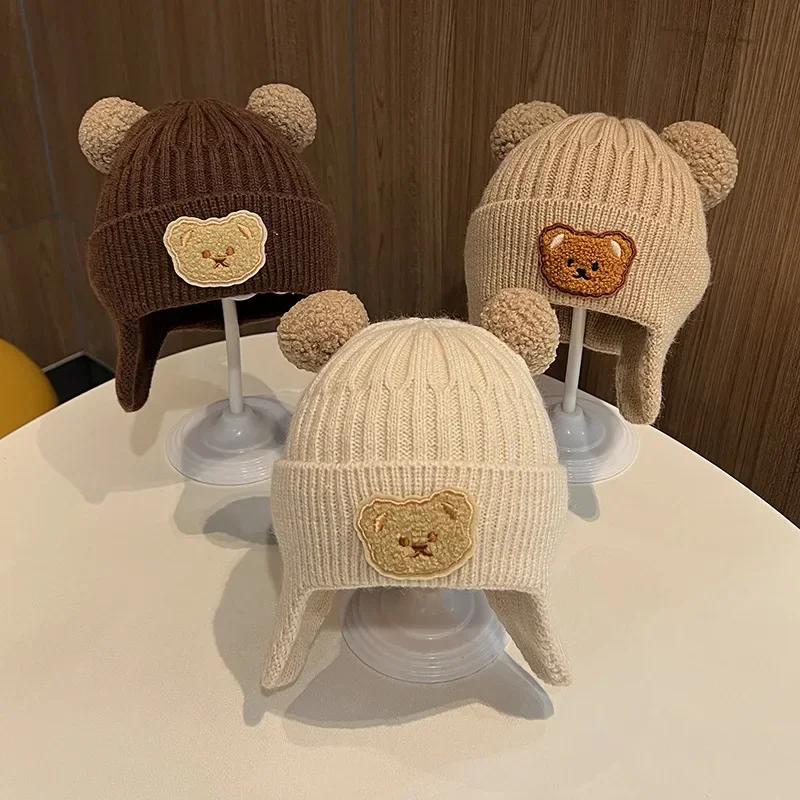 Chapeau en laine pour bébé, ours mignon, protection des oreilles, pour enfants, hiver, épais, chaud,