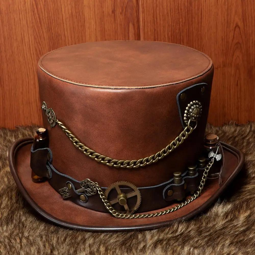 Steampunk industriel rétro casquette en cuir Pu Halloween Cos gothique unisexe Vintage chapeau bouteilles de médicaments balles chaîne d'engrenage décoration