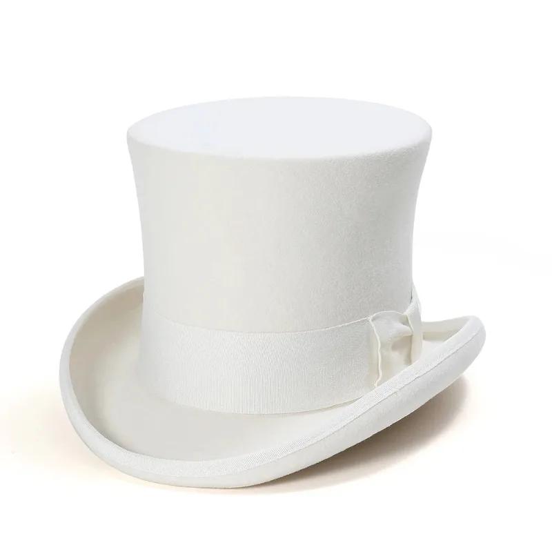 Nouveau chapeau haut-de-forme en feutre de laine blanche de 18 Cm de haut pour hommes, chapeau cylindrique doublé en Satin de qualité supérieure, vêtements de mariage, Costumes magiques de scène, hive