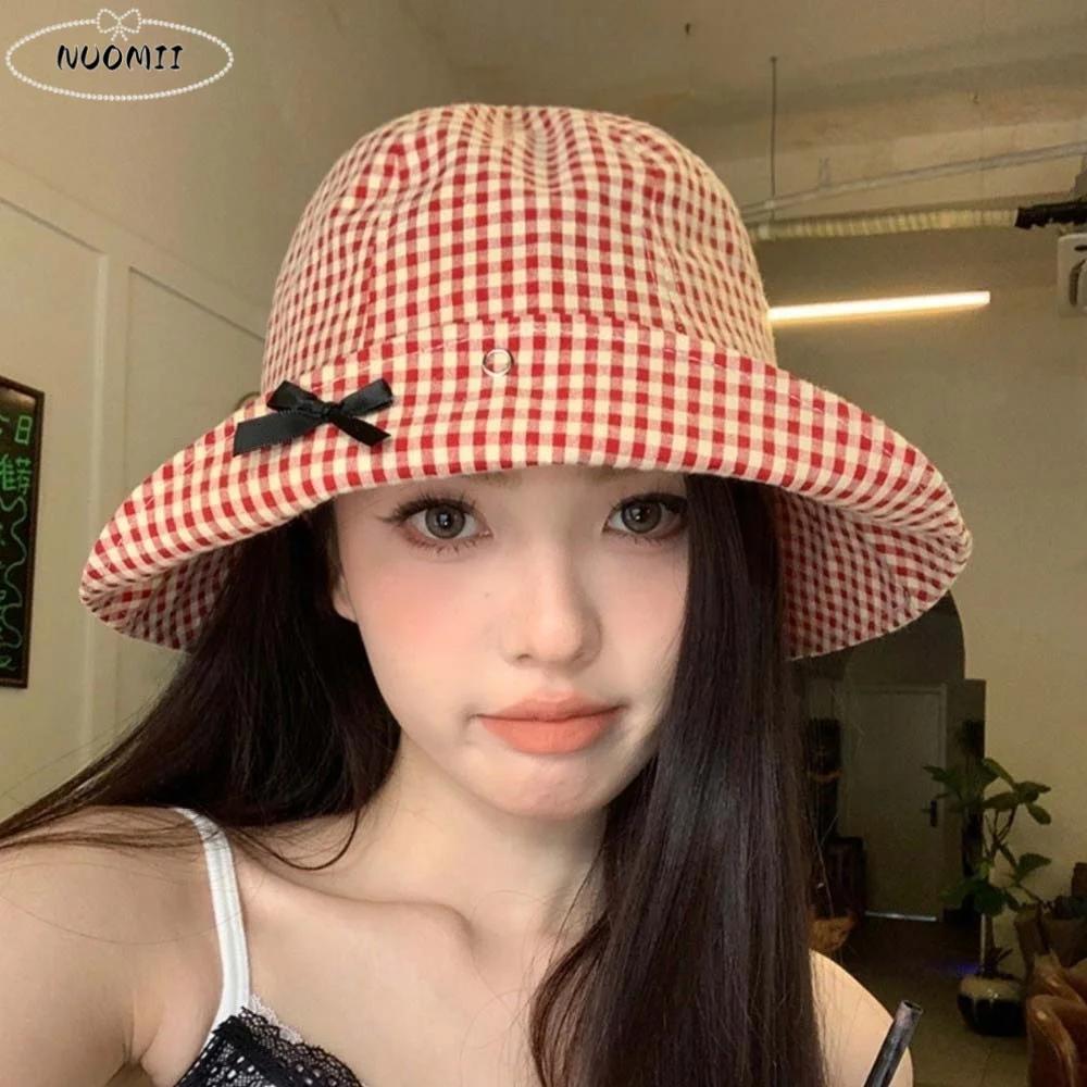 Chapeau Bob Noir à Nœud Papillon et Carreaux, Polyvalent et Décontracté, à Large Bord, Protection Solaire, Motif Gingham, Chapeau de Pêcheur pour l'Été