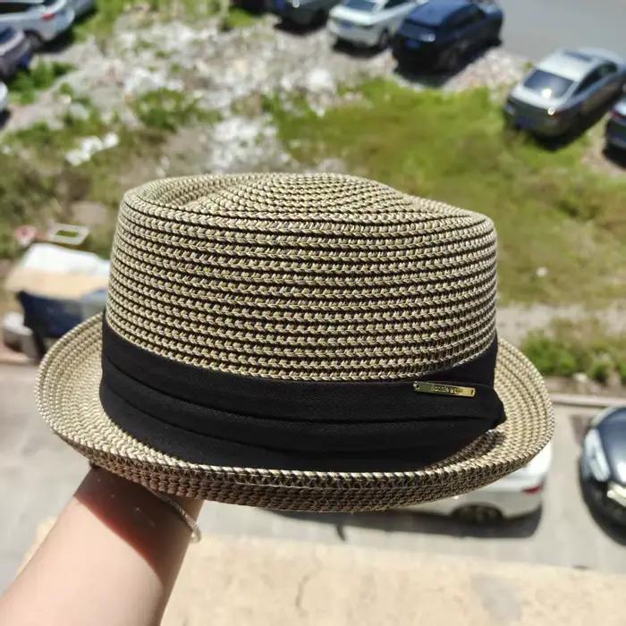 Chapeau de paille Porkpie style britannique à calotte ronde pour femme et homme, chapeau de plage fo