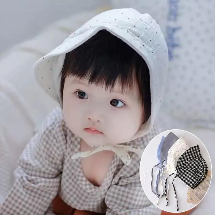 Chapeau de soleil à large bord pour bébé 3-12 mois protection auditive style japon coréen plaid coton polyester tricoté ajustable occassions printemps automne