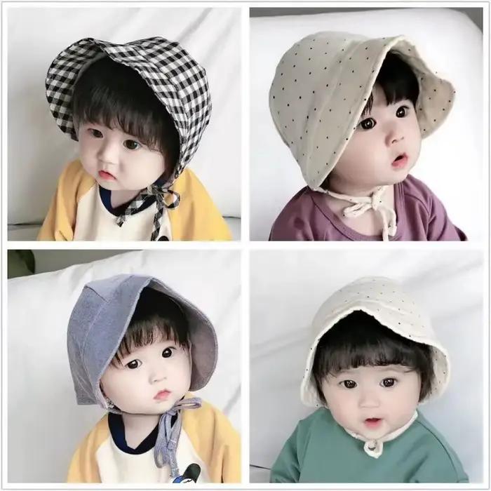 Chapeau de soleil à large bord pour bébé 3-12 mois protection auditive style japon coréen plaid coton polyester tricoté ajustable occassions printemps automne