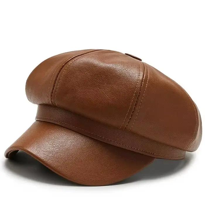 Chapeau octogonal rétro en PU pour femmes style britannique mignon mode polyvalente automne hiver occassions extérieures