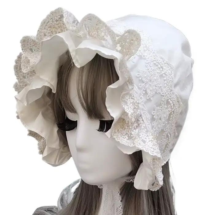 Bonnet vintage victorien en dentelle avec bordure florale à volants, style prairie/rural, pour fête,