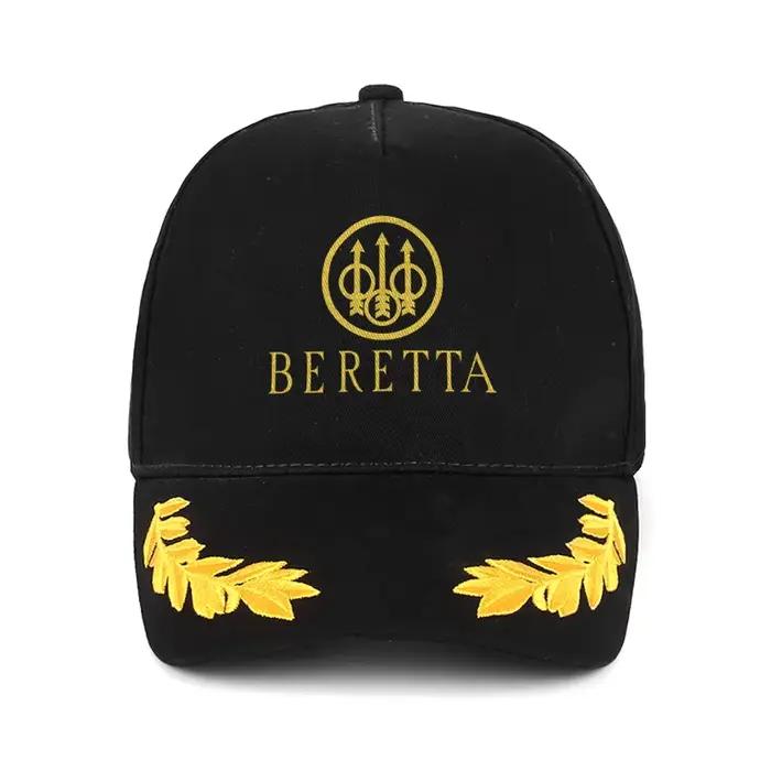 Casquette de baseball brodée avec logo BERETTA, motif laurier doré, noir et jaune, style classique,