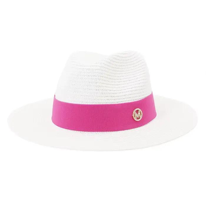 Chapeau de plage en paille de luxe pour femmes, casquette anderd'été, ruban lettre M, protection sol