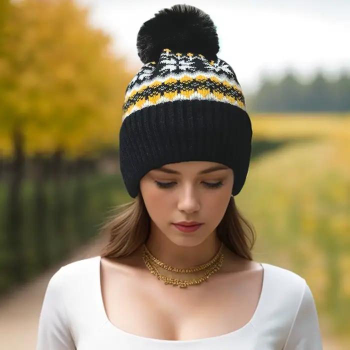 Boule de cheveux chaude hiver cachemire chaud coupe-vent laine chapeau mode noël flocon de neige cha