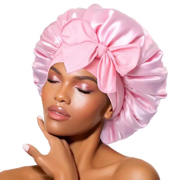 Bonnet en satin avec nœud, bonnet de nuit pour cheveux bouclés/lisses, bonnet de sommeil anti-frisot